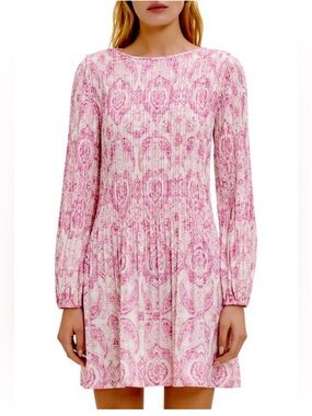 Maje Pink and White Long Sleeve Pleated Paisley Mini Dress Shabby Chic Romantic